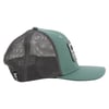 Side view of a green and gray mesh trucker cap with a curbed brim and a rectangular patch on the front.