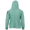 Back view of a green hooded sweatshirt with purple text on the sleeve, shown against a white background.