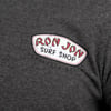 Close-up of a gray shirt with a Ron Jon Surf Shop, Pensacola Beach logo printed on the chest.