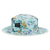 A light blue bucket hat with a tropical floral print featuring palm trees, fish, and flowers.
