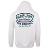 White hoodie with Ron Jon Surfboards, The Original, Long Beach Island, NJ printed on the back in blue and black letters.