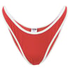 Red ribbed bikini bottoms with white trim and a care label on the inner waistband.