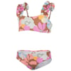 Two-piece floral swimsuit with ruffled shoulder straps, featuring a pattern of large colorful flowers on a brown background.