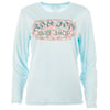A light blue long-sleeve shirt with Ron Jon Surf Shop logo and floral design printed on the front.