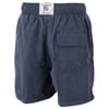 Dark blue shorts featuring an elastic waistband, a back pocket with a flap, and a woven label near the waist.