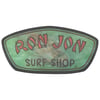 Ron Jon Surf Shop logo featuring red text on a green background with a stylized aligator pattern.