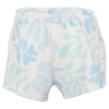 White shorts with a light blue floral pattern and an elastic waistband.