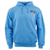Blue hoodie with a front pocket and drawstrings. Features a small logo on the chest.