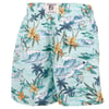 Blue swim trunks featuring a tropical print with flowers, waves, and palm trees.