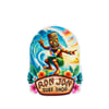 Colorful illustration of a tiki statue surfing a wave, adorned with a flower necklace, above the text Ron Jon Surf Shop, with tropical flowers and a bird in the sky.