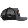 Side view of a gray baseball cap with a black mesh back and a colorful rectangular patch on the front.