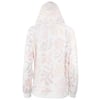 Rear view of a hooded jacket with a subtle floral pattern in pastel colors, featuring long sleeves and ribbed cuffs.