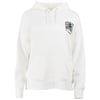 A white hooded sweatshirt with white drawstrings, a front pocket, and Ocean City Maryland text with a graphic on the upper left chest.