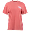 A plain coral-colored short-sleeve t-shirt with a small Ron Jon Surf Shop logo on the left chest.