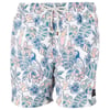 Colorful swim trunks with a tropical pattern featuring birds and flowers.