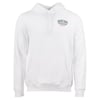 White hoodie with front pocket and a small Ron Jon Surf Shop logo on the left chest.