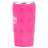 A pink tumbler with a stainless steel rim, decorated with a raised turtle pattern and a partial logo on the upper left side.