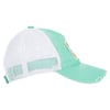 Side view of a mint green and white mesh trucker hat with distressed details and a small patch on the front panel.