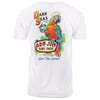 White t-shirt featuring a colorful parrot wearing a sailor hat, perched on a surf shop sign with text: Dark Seas x Ron Jon Surf Shop - Low Tide Lounge.