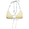 Yellow bikini top with multicolored floral trim, halter neck, and tie closures at neck and back.