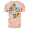 A peach T-shirt features a large surfboard graphic with colorful flowers and text that reads Ron Jon Surf Shop Ft. Myers on the back.