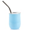 A blue tumbler with a transparent lid and a metal straw.