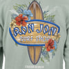 Sweatshirt with Ron Jon Surf Shop logo, featuring a surfboard, flowers, and text Cocoa Beach on a green background.