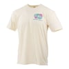 A plain off-white short-sleeve t-shirt with a small colorful Ron Jon Surf Shop logo and Long Beach Island, NJ text on the left chest.