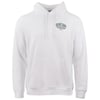 White hoodie with a front pocket and drawstrings. A small Ron Jon Surf Shop logo is on the left chest area.