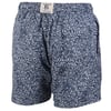 Navy blue and white swim trunks with an intricate floral pattern and an elastic waistband.