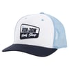 Blue and white trucker hat with Ron Jon Surf Shop logo patch on the front.