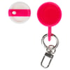 A hot pink container with a white and pink lid, attached to a silver keychain and clasp, shown open on a white background.