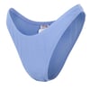A pair of light blue bikini bottoms with a subtle wavy pattern and an inner label visible.