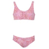 Pink and red spotted print bikini set with a lace-up front detail on the top and matching bottoms, displayed on a white background.