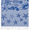 Blue and white towel with nautical-themed designs, including starfish, seashells, and a ship wheel, with fringed edges at the bottom. “Ron Jon Surf Shop” logo appears near the top.
