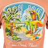 T-shirt back design featuring Ron Jon Surf Shop text, a tropical beach scene with palm trees, a parrot, surfboards, a signpost, and Cocoa Beach, Florida text.