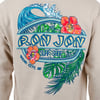 Back of a beige shirt featuring a colorful design with flowers, leaves, a wave, and text reading Ron Jon Surf Shop and Ocean City, MD.