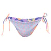 Light blue bikini bottom with orange floral pattern and multicolored tie straps, displayed against a plain background.