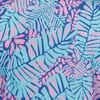 A vibrant abstract pattern featuring blue and pink tropical leaf designs with various shapes and lines.