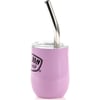 A pink insulated tumbler with a clear lid and a metal straw.