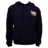 Navy colored hooded sweatshirt with a front pocket, Ron Jon Surf Shop logo on the chest, and colorful graphic designs on both sleeves.