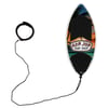 Mini skimboard with a tropical sunset design and Ron Jon Surf Shop logo, featuring black traction pads and a coiled leash attached.