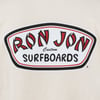 Logo of Ron Jon Surfboards on a beige background, featuring stylized red and black lettering.