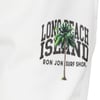 White fabric with LONG BEACH ISLAND RON JON SURF SHOP text and a green palm tree graphic printed on it.