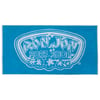 A blue beach towel featuring the white Ron Jon Surf Shop logo with hibiscus flowers and stylized text in the center.