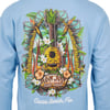 Light blue sweatshirt featuring a colorful design with a pineapple-shaped ukulele, tropical flowers, surfboards, and “Ron Jon Surf Shop, Cocoa Beach, Fla.” text on the back.