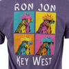 Purple shirt with a Ron Jon Key West design featuring four colorful roosters in pop art style squares.