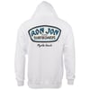 Back view of a white hoodie featuring a Ron Jon Surfboards, Myrtle Beach logo in blue and black on the back.