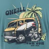 Graphic of a vintage van with a surfboard, palm tree, and sunburst on a teal background. Text reads ONeill and Ron Jon Surf Shop.