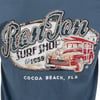 Navy blue T-shirt with Ron Jon Surf Shop logo, featuring a vintage red car illustration and Cocoa Beach, FLA text.